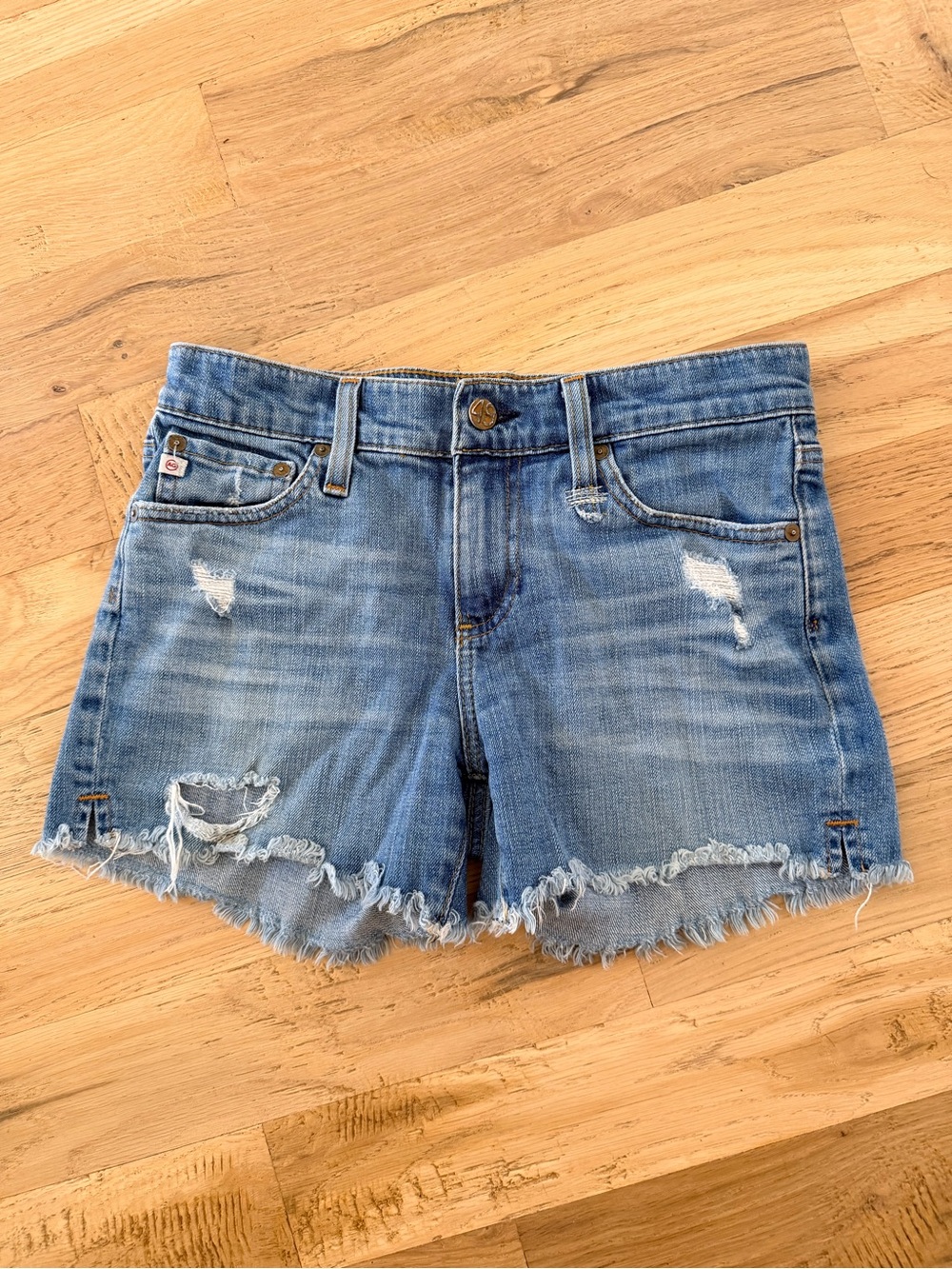Ag Adriano Goldschmied Distressed Light Blue Denim Shorts